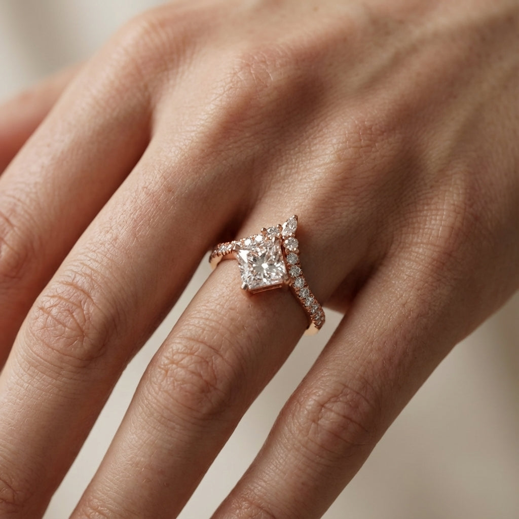 Princess Cut Lab Grown Diamond Engagement Ring with Side Stones in Rose Gold