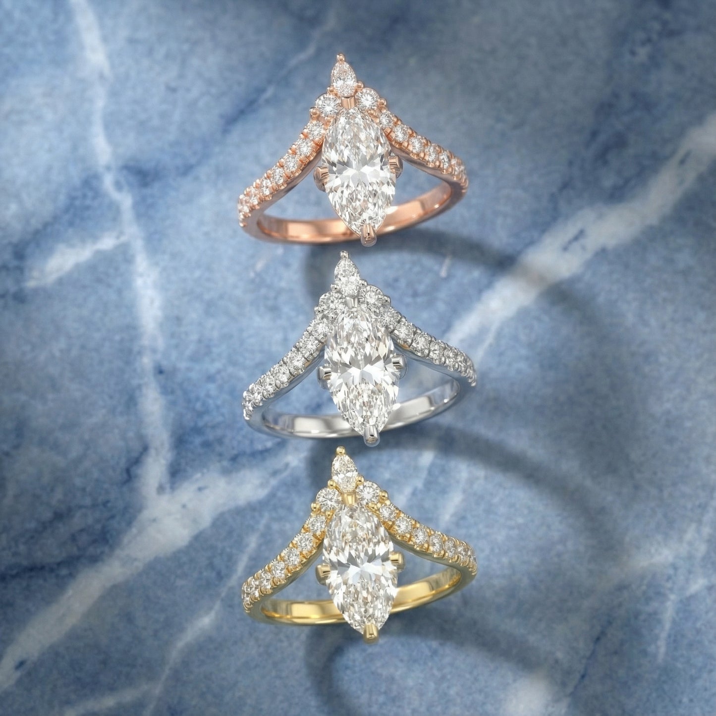 Rose gold engagement ring featuring a marquise cut lab grown diamond and intricate side stone details.