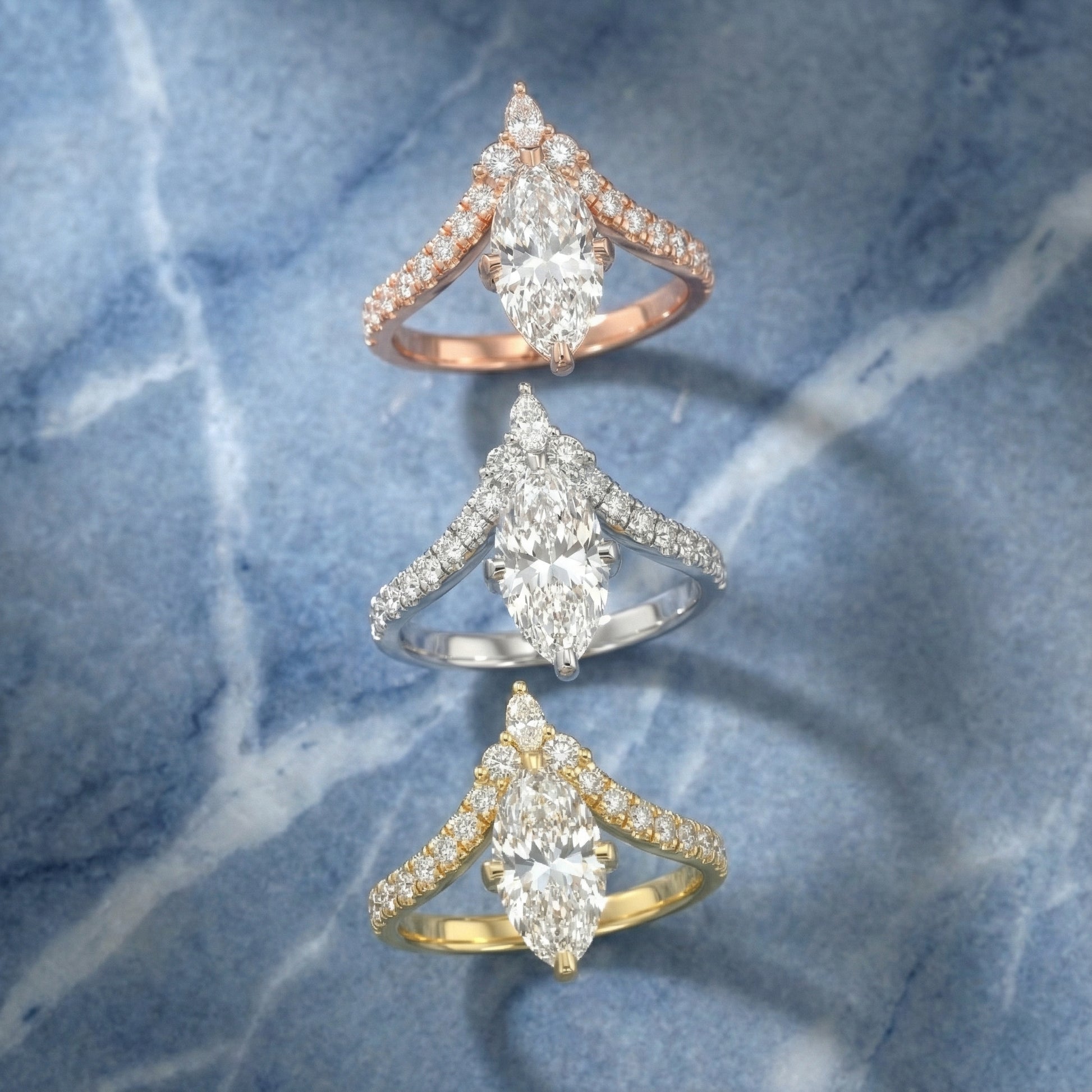 Rose gold engagement ring featuring a marquise cut lab grown diamond and intricate side stone details.