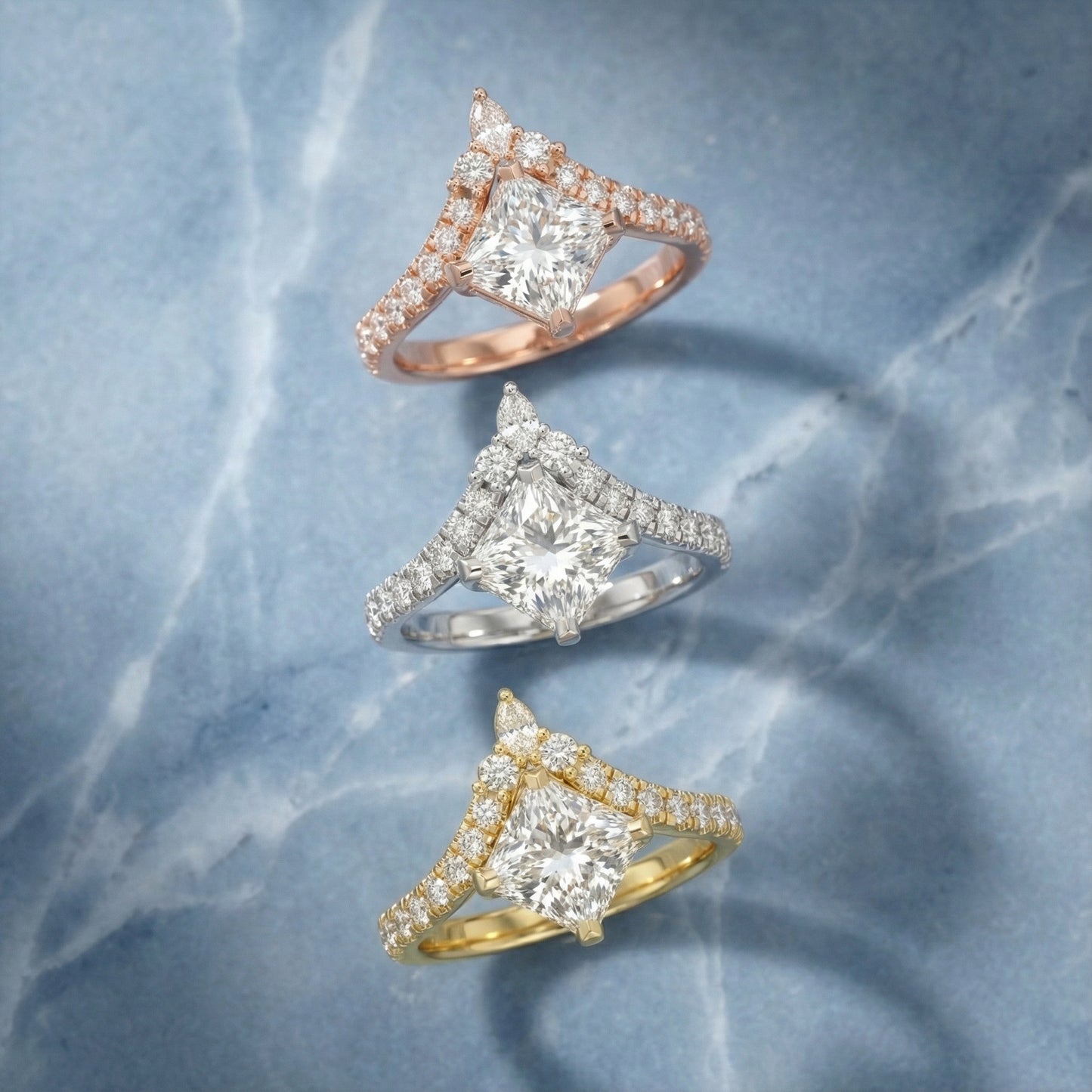 Princess Cut Lab Grown Diamond Engagement Ring with Side Stones in Yellow Gold