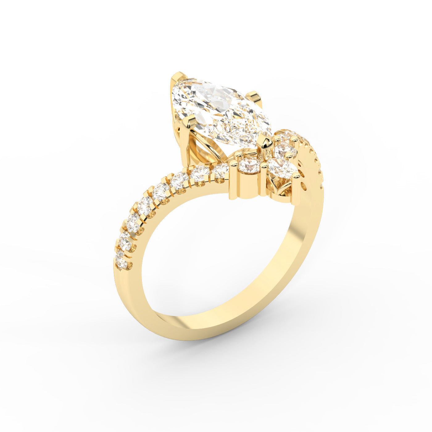 Traditional yellow gold engagement ring with a marquise cut lab grown diamond and side stone detailing.
