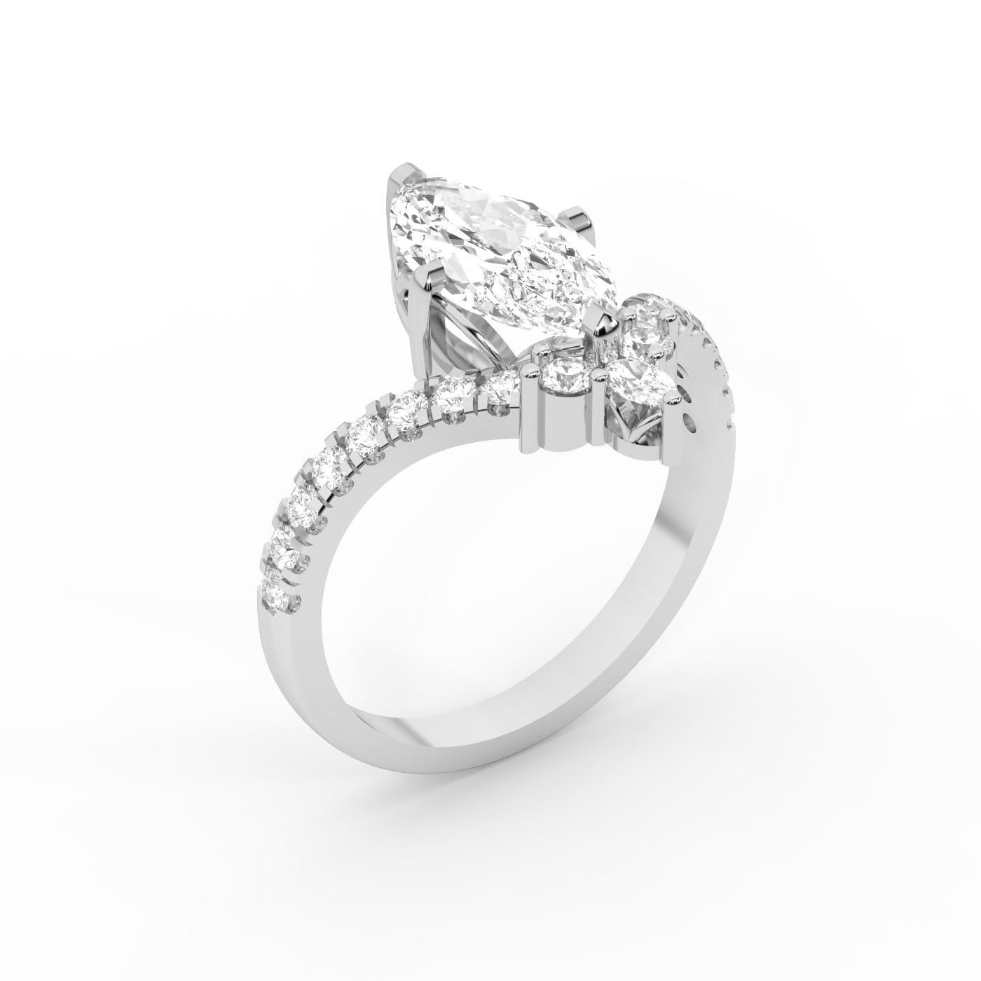 White gold side stone engagement ring with a central marquise cut lab grown diamond.
