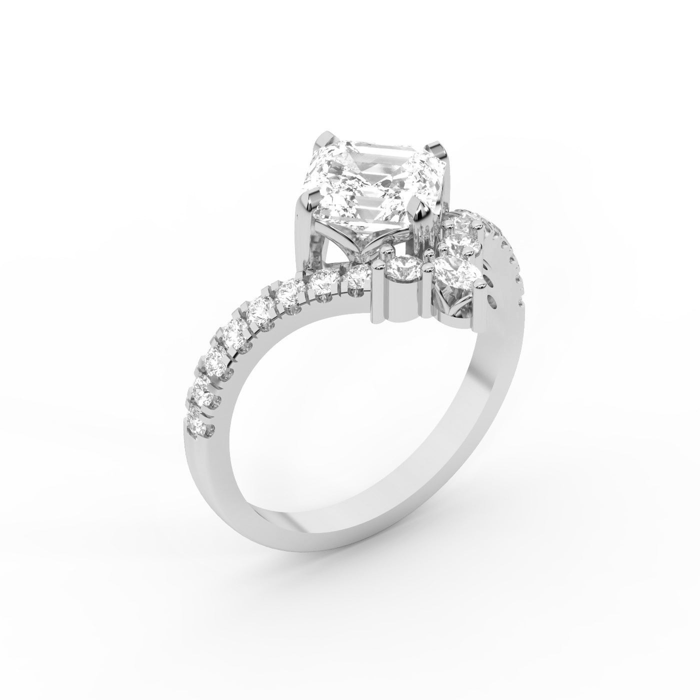 Asscher Cut Lab Grown Diamond Engagement Ring in White Gold with unique diamond accent