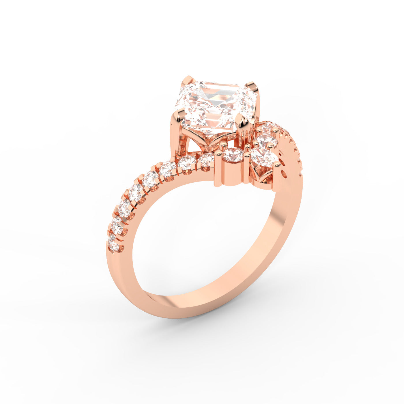 Asscher Cut Lab Grown Diamond Engagement Ring in Rose Gold with unique diamond accent