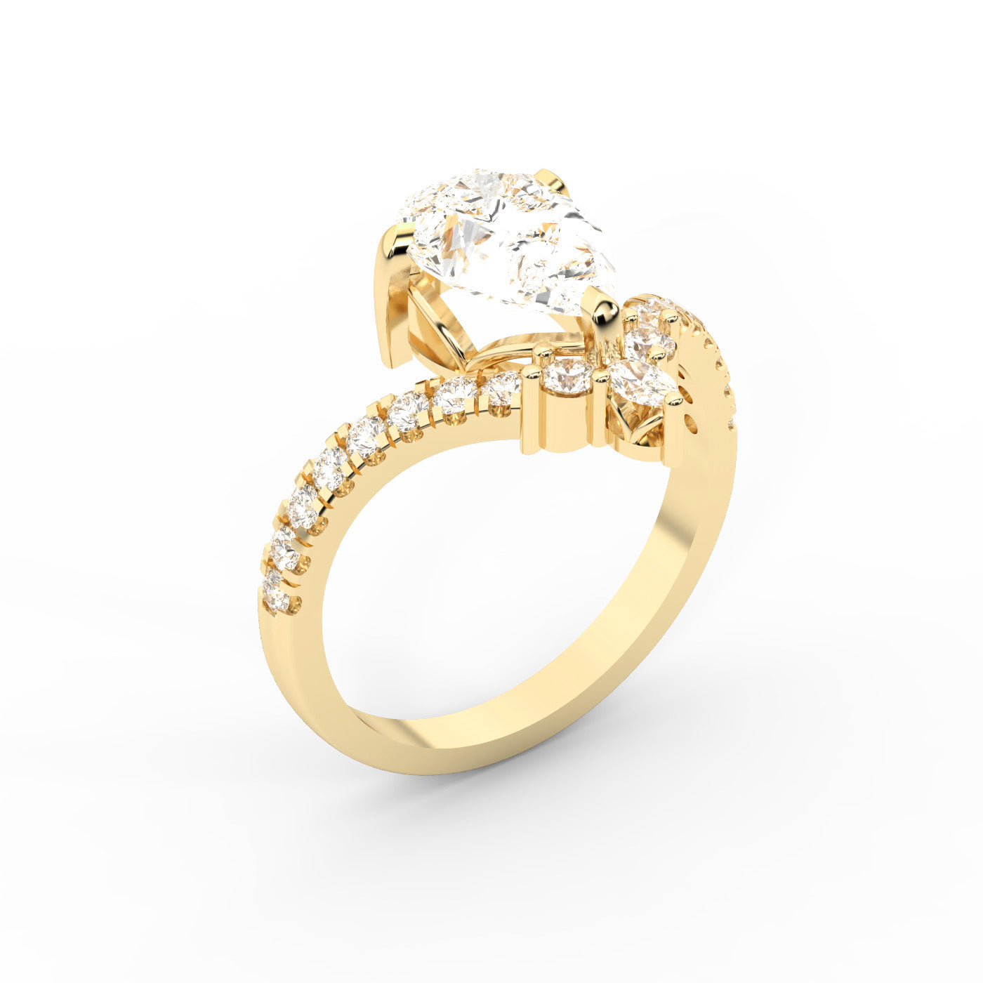 Pear Cut Lab Grown Diamond Engagement Ring in Yellow Gold with side stone accents