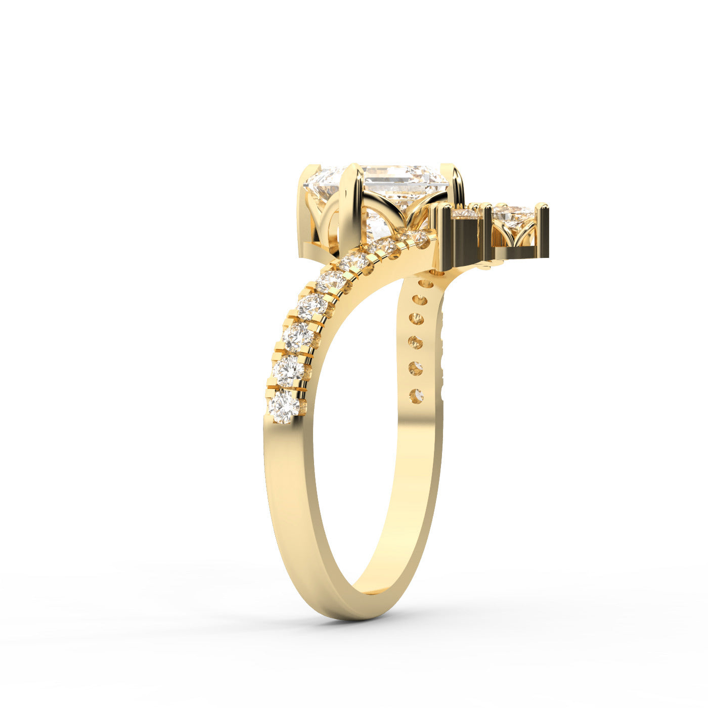 Asscher Cut Lab Grown Diamond Engagement Ring in Yellow Gold with unique diamond accent