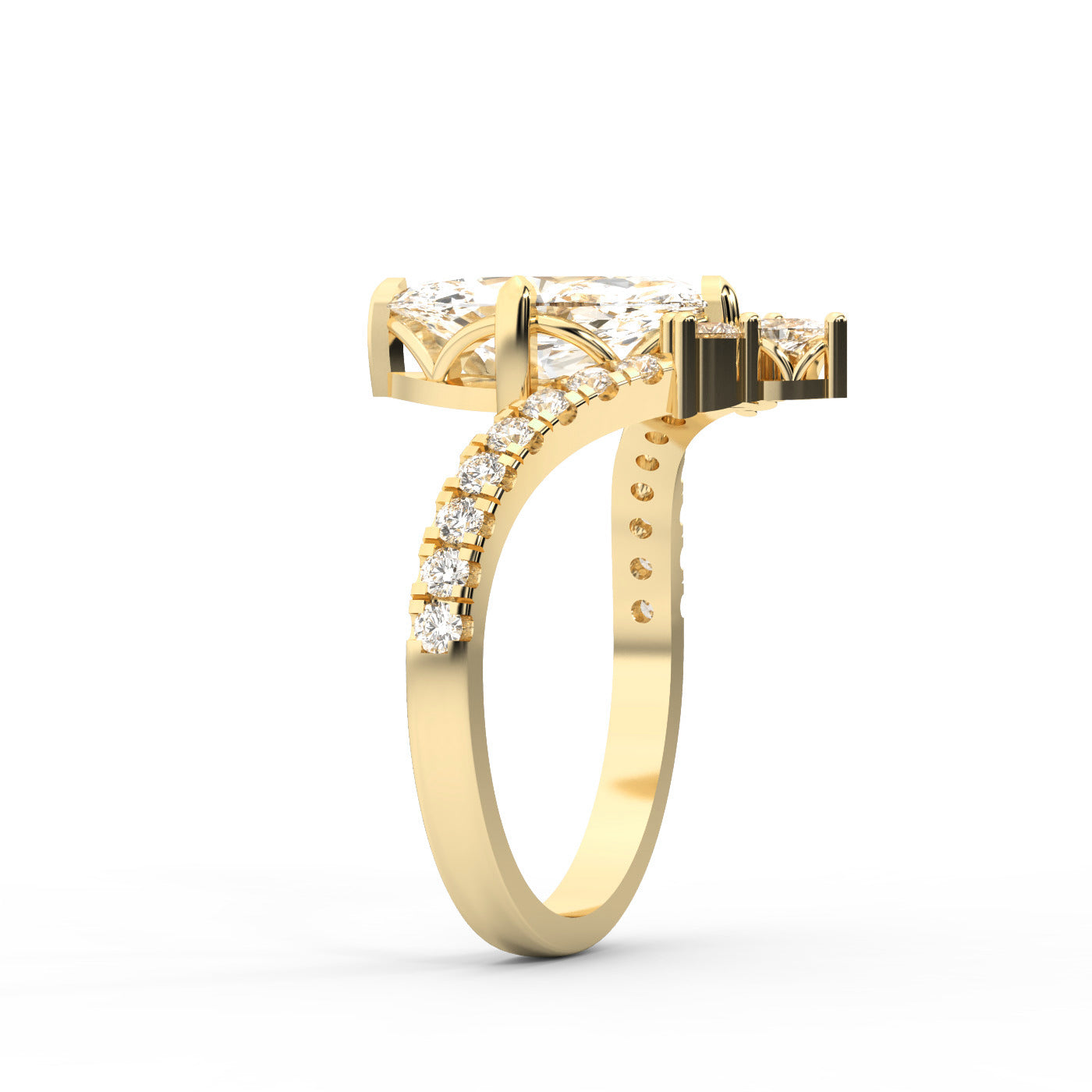 Traditional yellow gold engagement ring with a marquise cut lab grown diamond and side stone detailing.