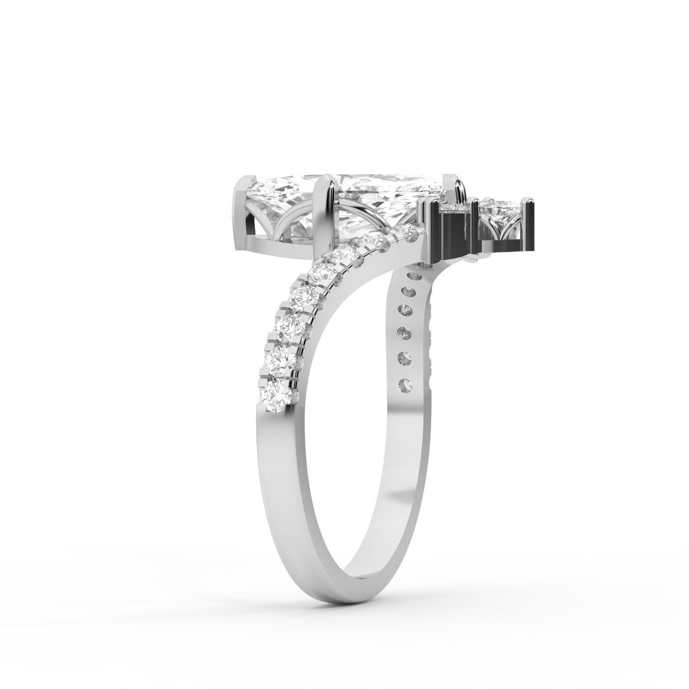 Platinum engagement ring showcasing a marquise cut lab grown diamond with pave side stones.