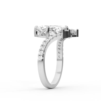 Platinum engagement ring showcasing a marquise cut lab grown diamond with pave side stones.