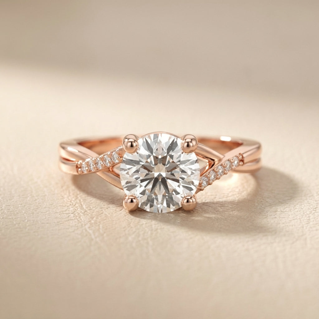 Round Cut Lab Grown Diamond Engagement Ring with Twisted Shank in Rose Gold