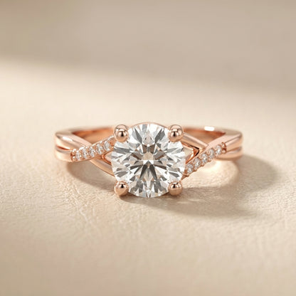 Round Cut Lab Grown Diamond Engagement Ring with Twisted Shank in Rose Gold