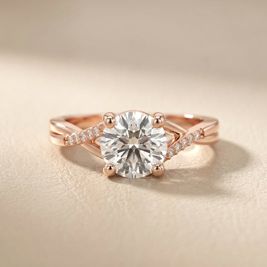 Round Cut Lab Grown Diamond Engagement Ring with Twisted Shank in Rose Gold