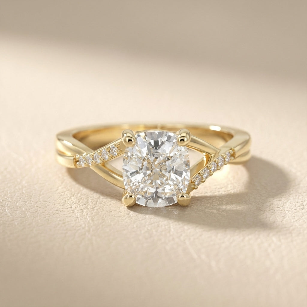 Cushion Cut Lab Grown Diamond Engagement Ring with Twisted Shank in Yellow Gold
