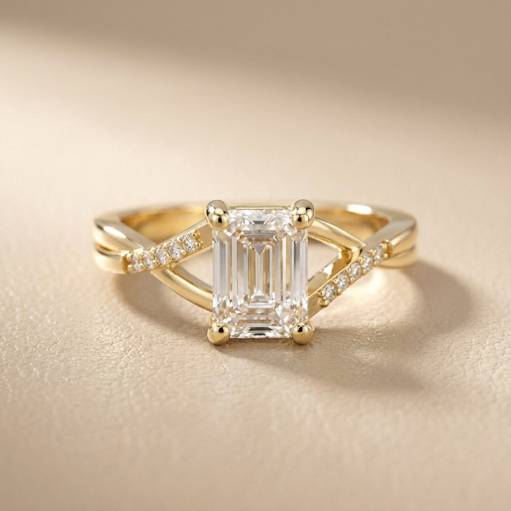 Emerald Cut Lab Grown Diamond Side Stone Engagement Ring in Yellow Gold