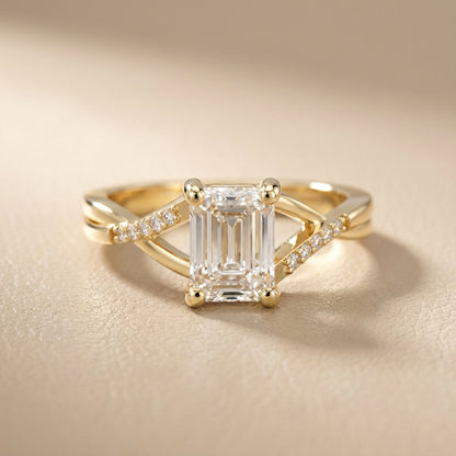 Emerald Cut Lab Grown Diamond Side Stone Engagement Ring in Yellow Gold