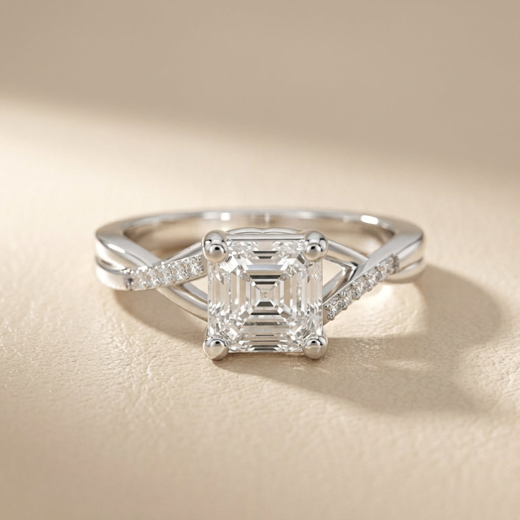 Asscher Cut Lab Grown Diamond Engagement Ring with Twisted Band in White Gold