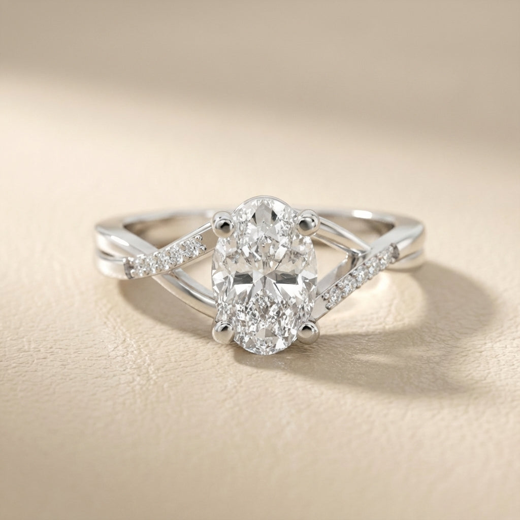 Oval Cut Lab Grown Diamond Engagement Ring in White Gold with twisted pave band