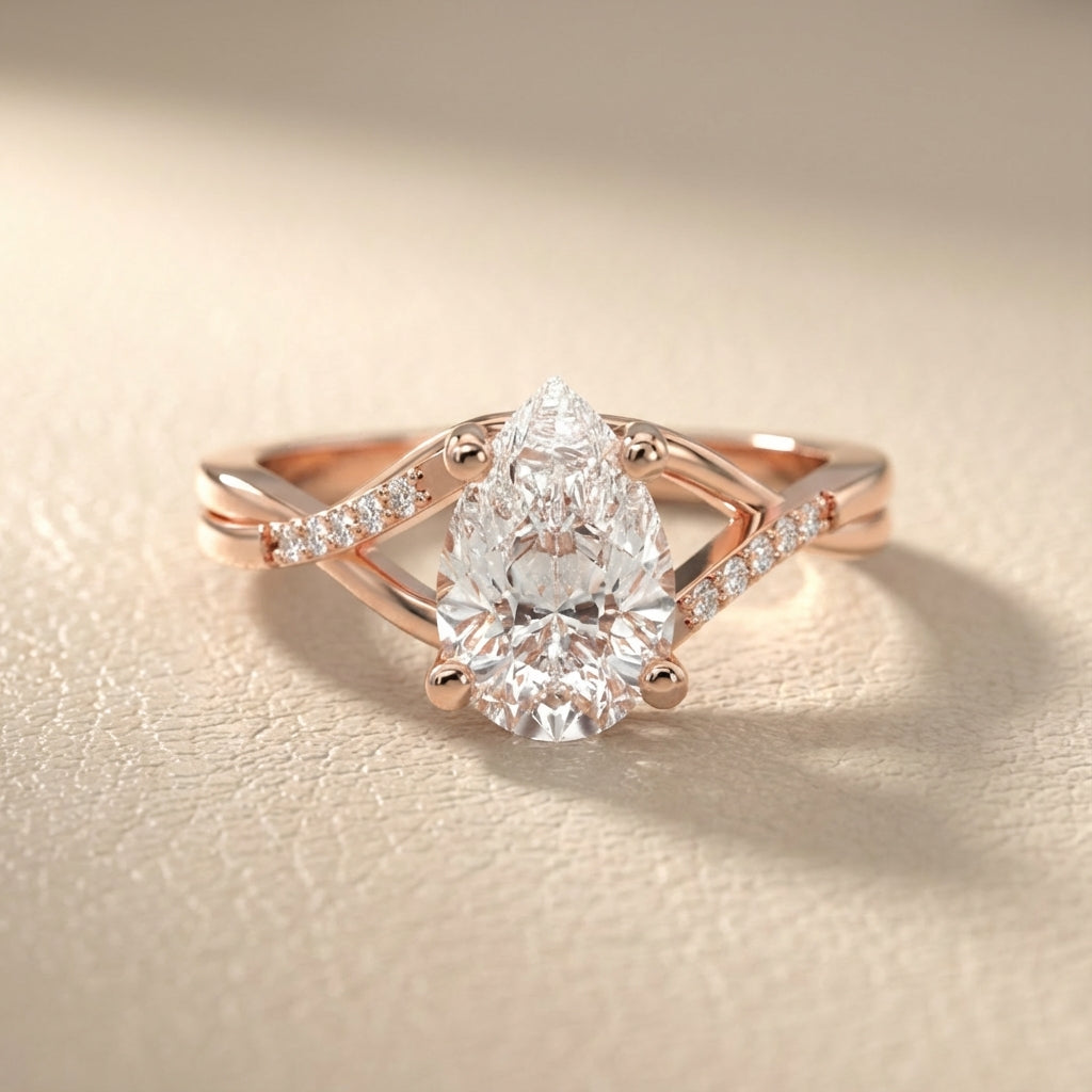 Pear Cut Lab Grown Diamond Engagement Ring with Twisted Band in Rose Gold