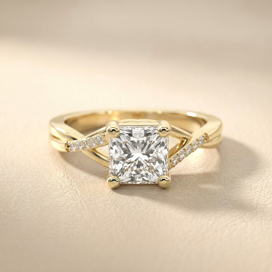 Princess Cut Lab Grown Diamond Engagement Ring with Twisted Pavé Band in Yellow Gold