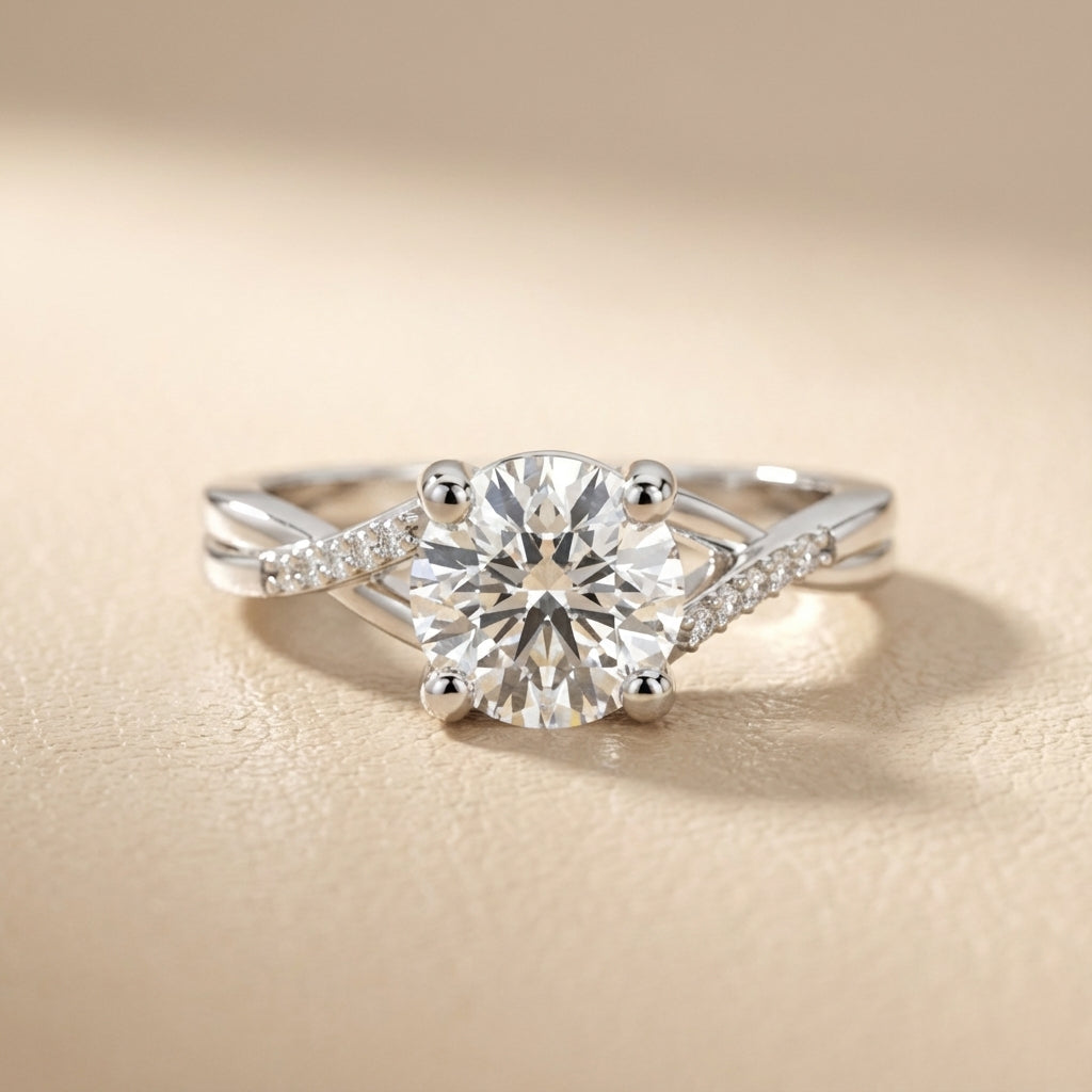 Round Cut Lab Grown Diamond Engagement Ring with Twisted Shank in Silver