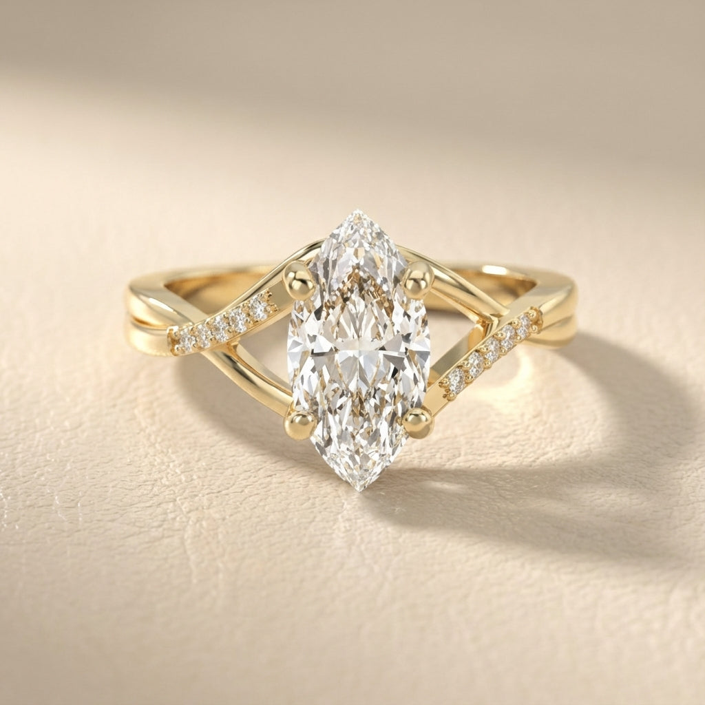 Marquise Cut Lab Grown Diamond Side Stone Twist Engagement Ring in Yellow Gold