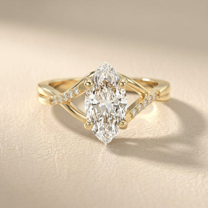 Marquise Cut Lab Grown Diamond Side Stone Twist Engagement Ring in Yellow Gold