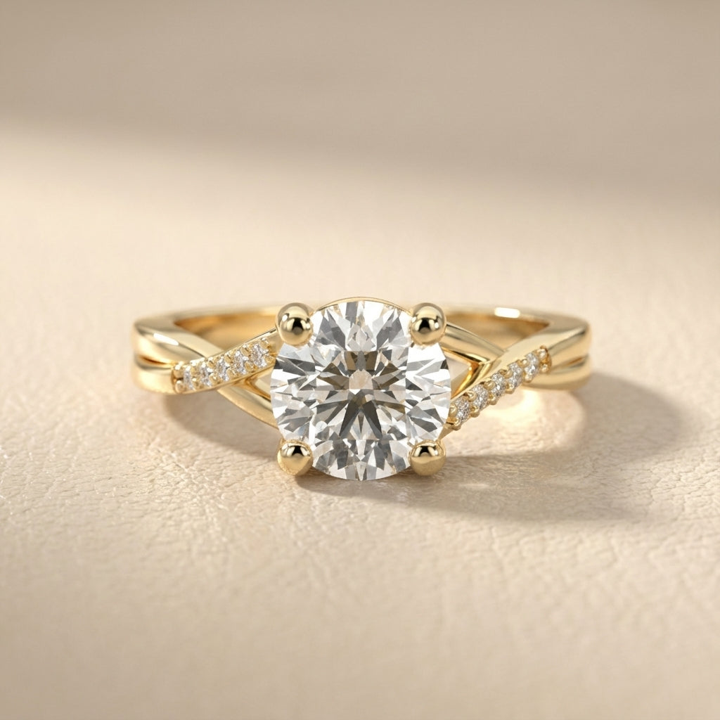 Round Cut Lab Grown Diamond Engagement Ring with Twisted Shank in Yellow Gold