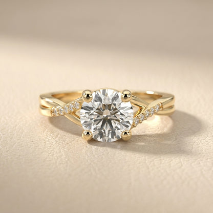 Round Cut Lab Grown Diamond Engagement Ring with Twisted Shank in Yellow Gold