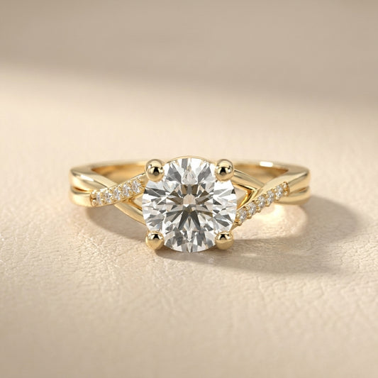 Round Cut Lab Grown Diamond Engagement Ring with Twisted Shank in Yellow Gold