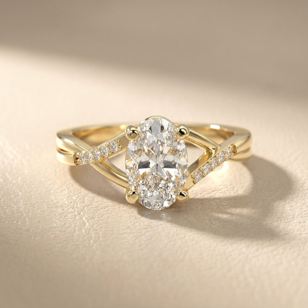 Oval Cut Lab Grown Diamond Engagement Ring in Yellow Gold with twisted pave band