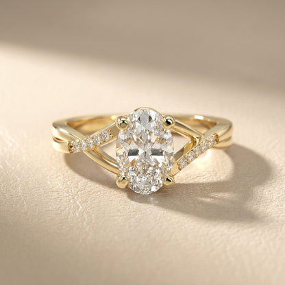 Oval Cut Lab Grown Diamond Engagement Ring in Yellow Gold with twisted pave band