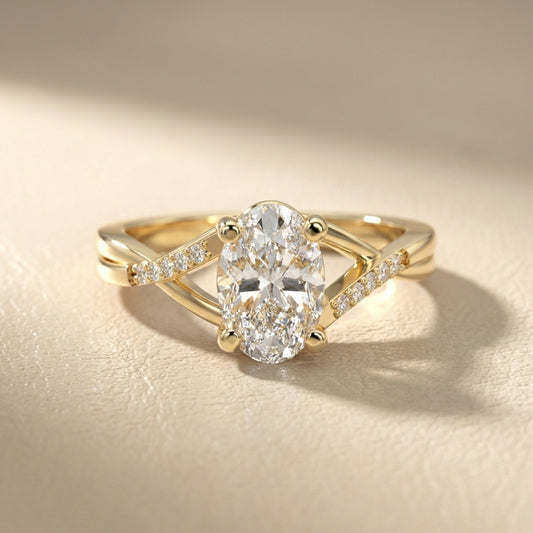 Oval Cut Lab Grown Diamond Engagement Ring in Yellow Gold with twisted pave band