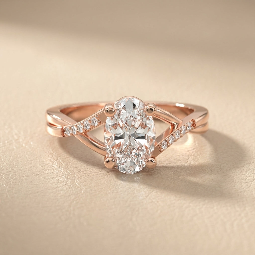 Oval Cut Lab Grown Diamond Engagement Ring in Rose Gold with twisted pave band