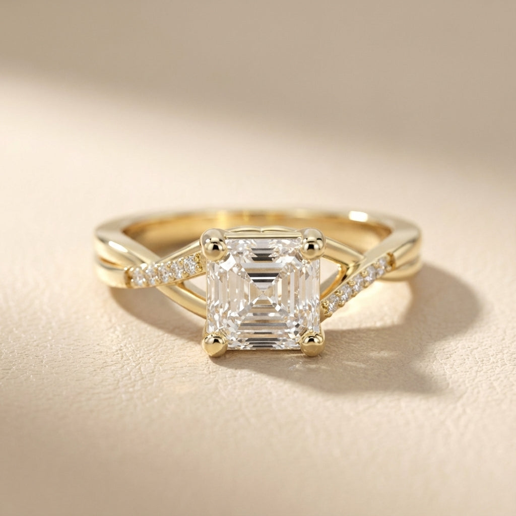 Asscher Cut Lab Grown Diamond Engagement Ring with Twisted Band in Yellow Gold