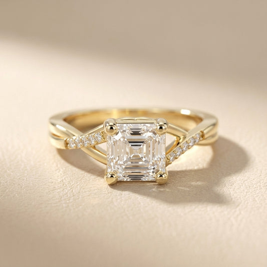 Asscher Cut Lab Grown Diamond Engagement Ring with Twisted Band in Yellow Gold