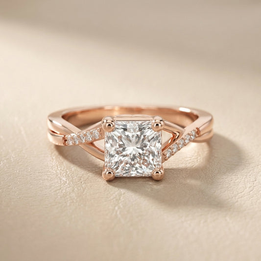 Princess Cut Lab Grown Diamond Engagement Ring with Twisted Pavé Band in Rose Gold