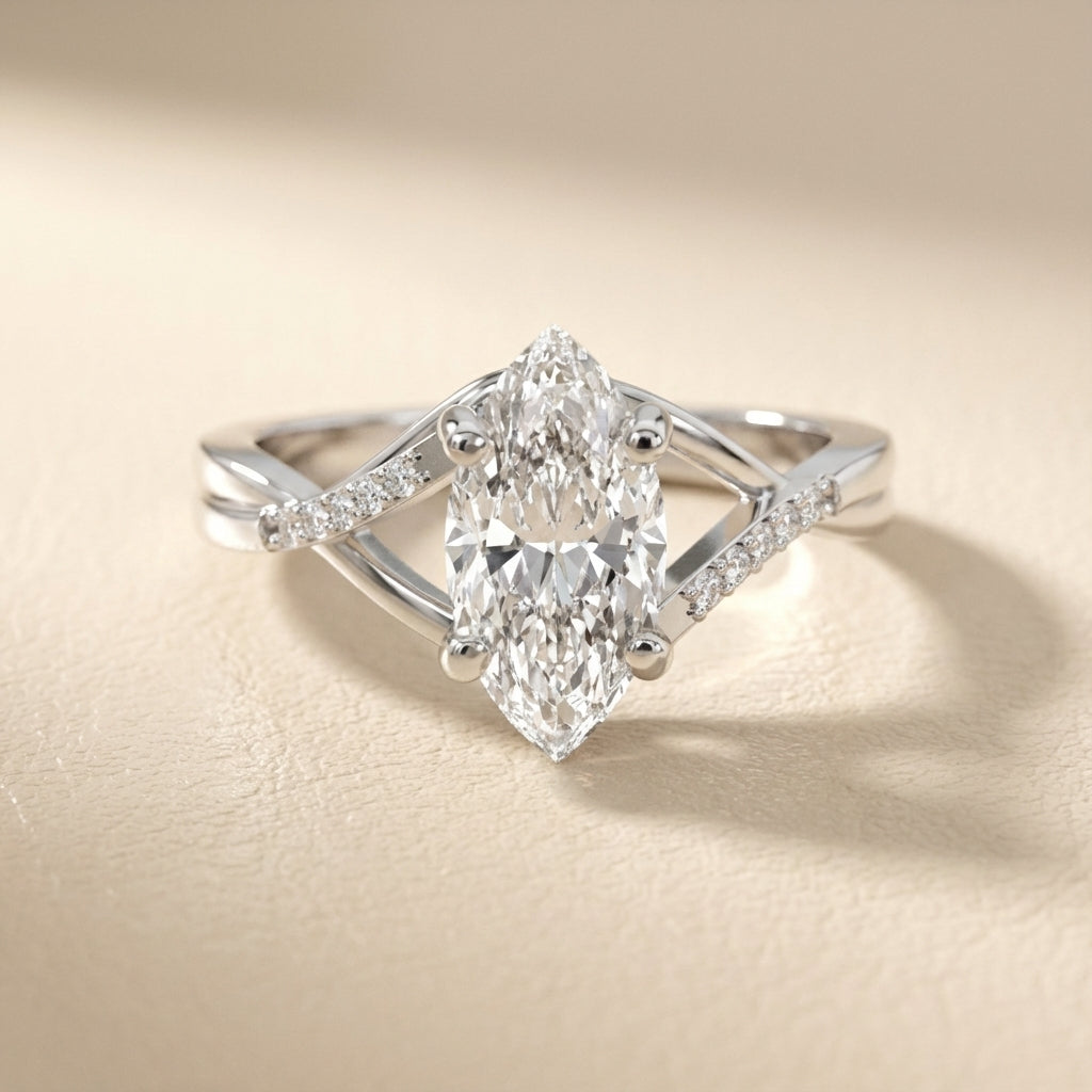 Marquise Cut Lab Grown Diamond Side Stone Twist Engagement Ring in Platinum