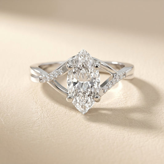 Marquise Cut Lab Grown Diamond Side Stone Twist Engagement Ring in Platinum