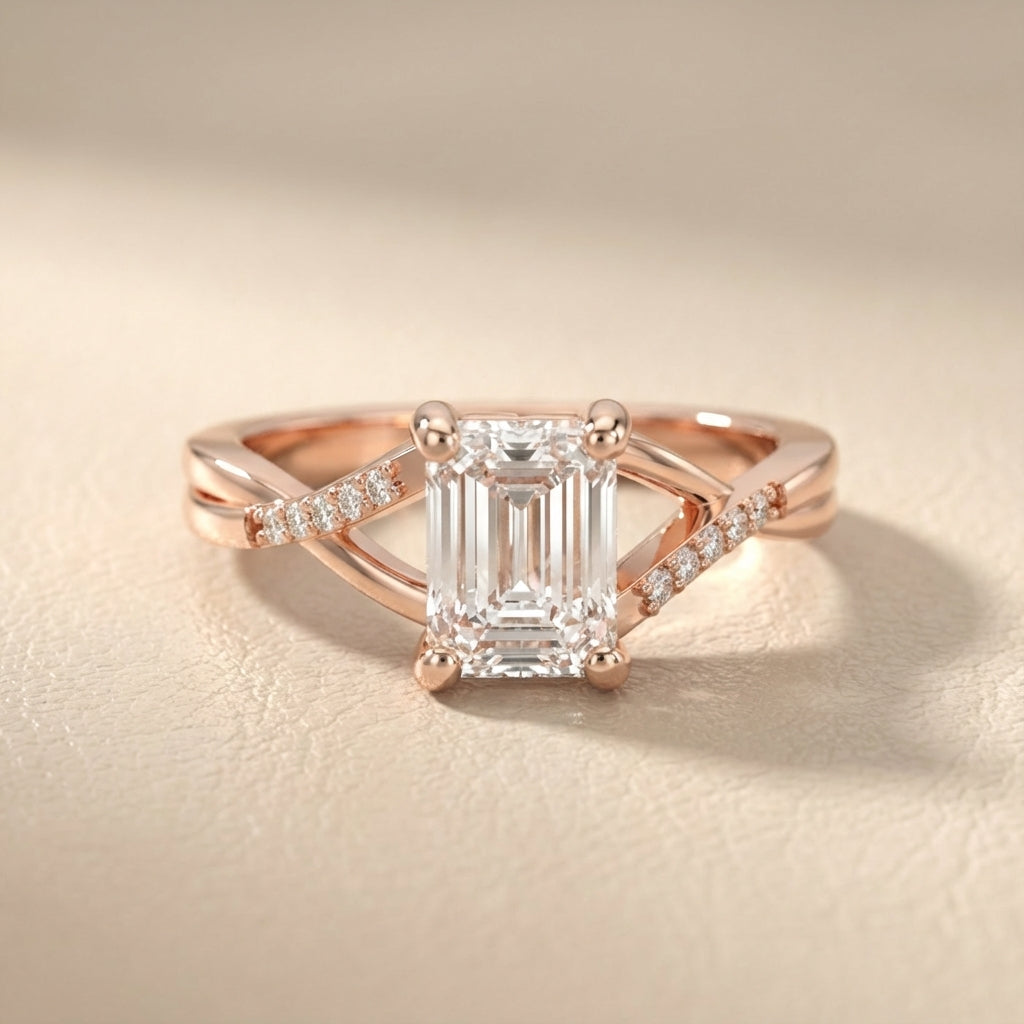 Emerald Cut Lab Grown Diamond Side Stone Engagement Ring in Rose Gold