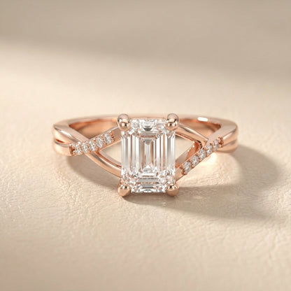 Emerald Cut Lab Grown Diamond Side Stone Engagement Ring in Rose Gold