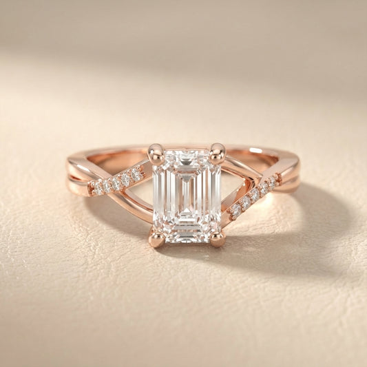 Emerald Cut Lab Grown Diamond Side Stone Engagement Ring in Rose Gold