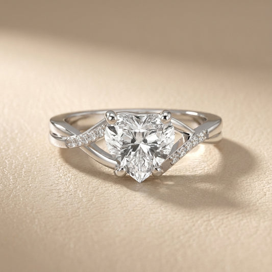 Heart Cut Lab Grown Diamond Engagement Ring with Twisted Band in Silver