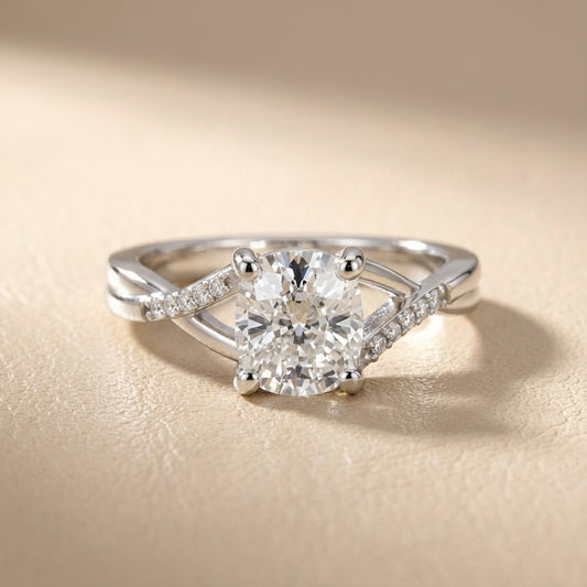 Cushion Cut Lab Grown Diamond Engagement Ring with Twisted Shank in White Gold