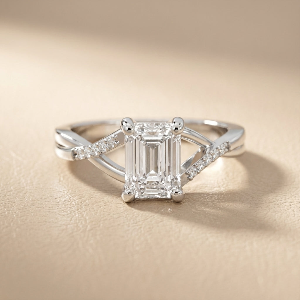 Emerald Cut Lab Grown Diamond Engagement Ring with Twisted Shank in Silver