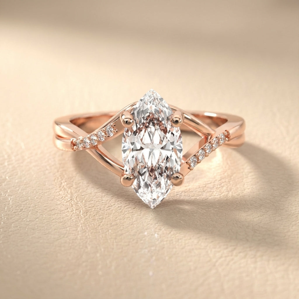 Marquise Cut Lab Grown Diamond Side Stone Twist Engagement Ring in Rose Gold