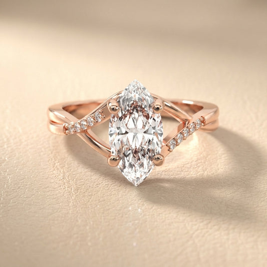Marquise Cut Lab Grown Diamond Side Stone Twist Engagement Ring in Rose Gold