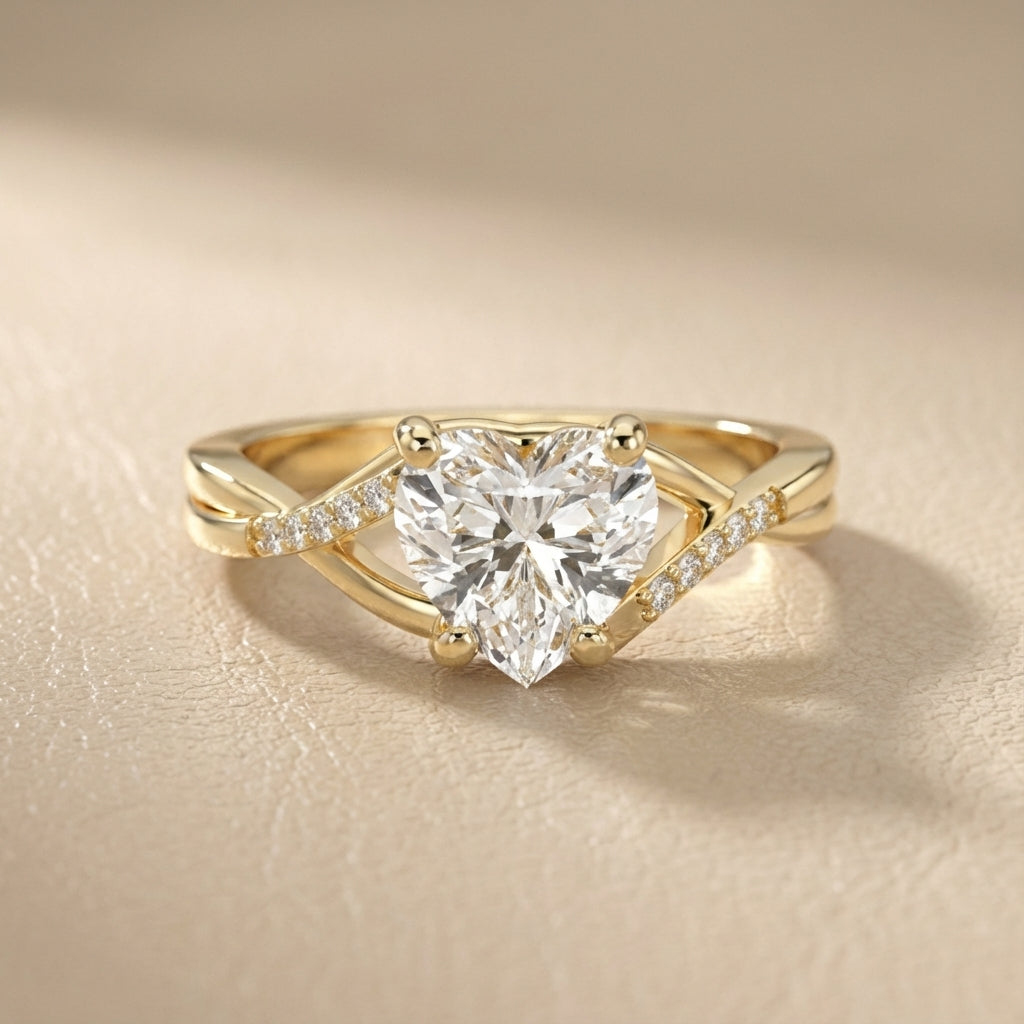 Heart Cut Lab Grown Diamond Engagement Ring with Twisted Band in Yellow Gold