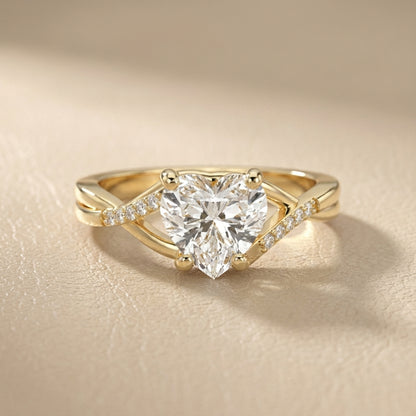 Heart Cut Lab Grown Diamond Engagement Ring with Twisted Band in Yellow Gold