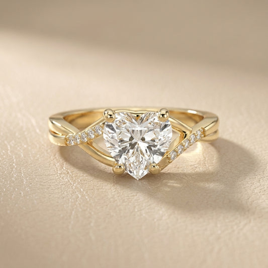 Heart Cut Lab Grown Diamond Engagement Ring with Twisted Band in Yellow Gold