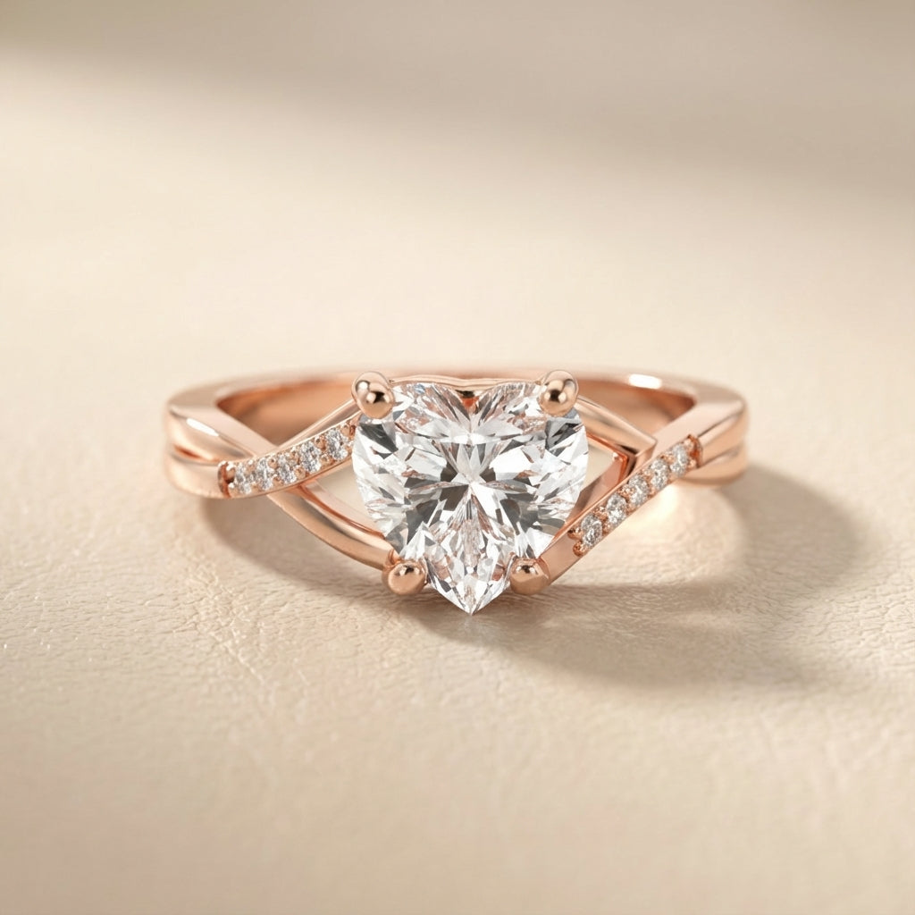 Heart Cut Lab Grown Diamond Engagement Ring with Twisted Band in Rose Gold